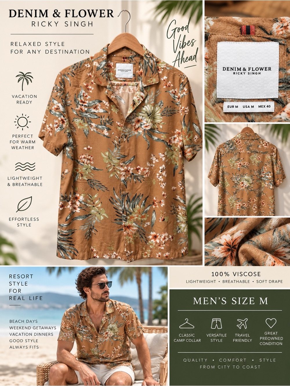 Denim & Flower Ricky Singh Men’s M Tropical Floral Camp Shirt 100% Viscose
